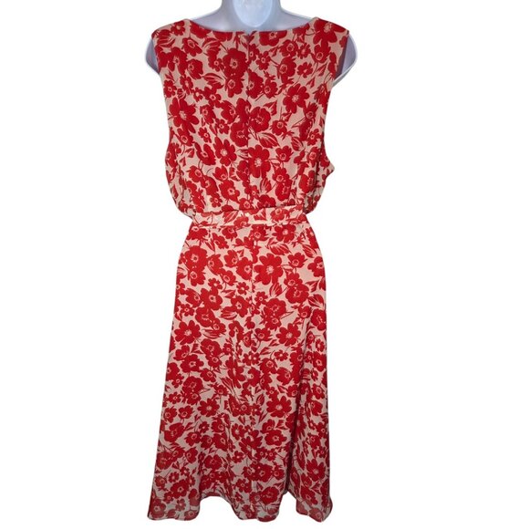 JH Red Pink Sleeveless Floral Chiffon Blouson A-Line Midi Dress Belted 14 - Picture 2 of 8